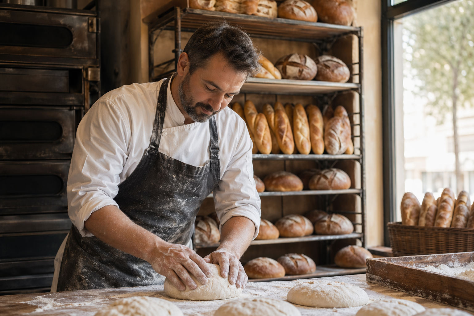 Artisan boulanger dans son fournil