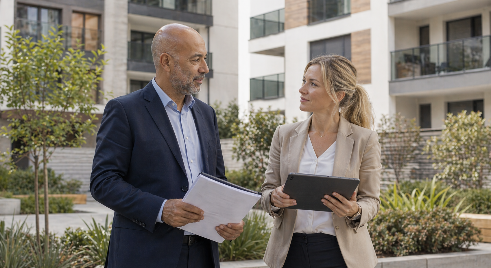 Gestionnaires devant une copropriété résidentielle